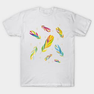 colorful feathers with gold outer lines and patterns T-Shirt